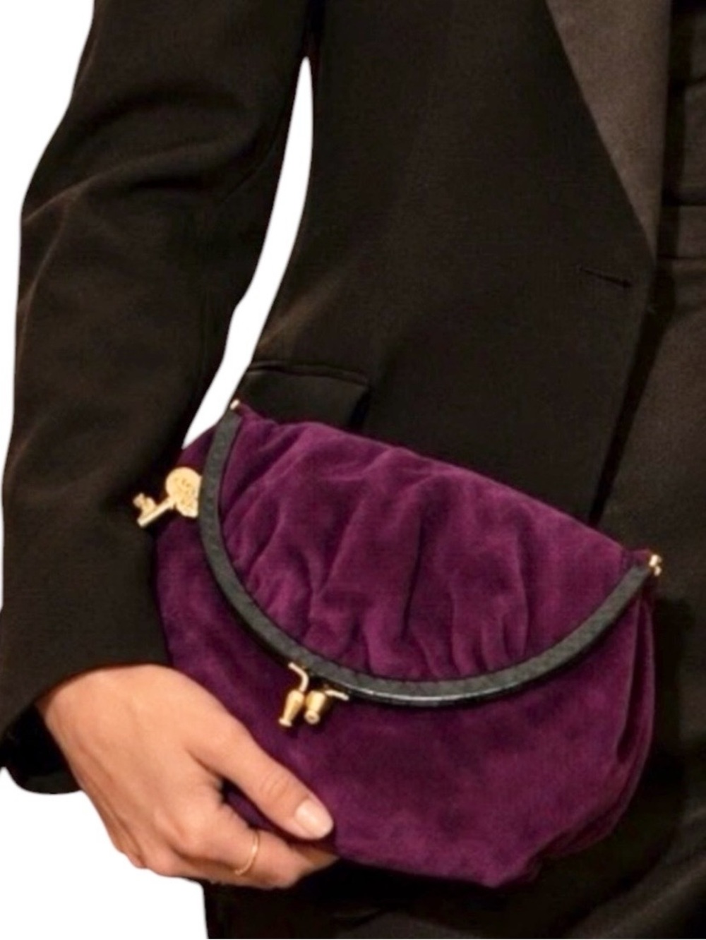 Ruth Saltz Vintage Purple Suede Foldover Clutch Gold Key Charm Frame Bag 80s